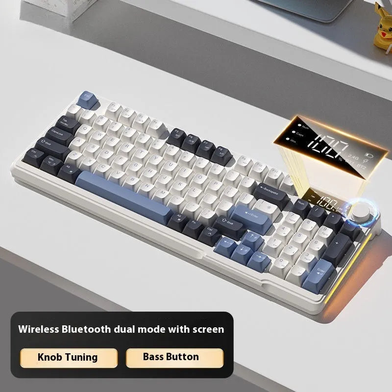 Wireless mechanical feel keyboard and mouse combo in blue white colour scheme showing 94-key layout
