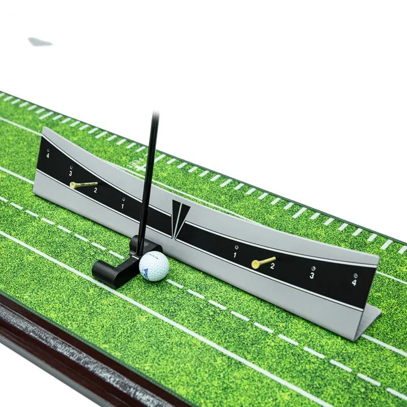 Golf putter trajectory balance simulator with adjustable push rod on a practice green.