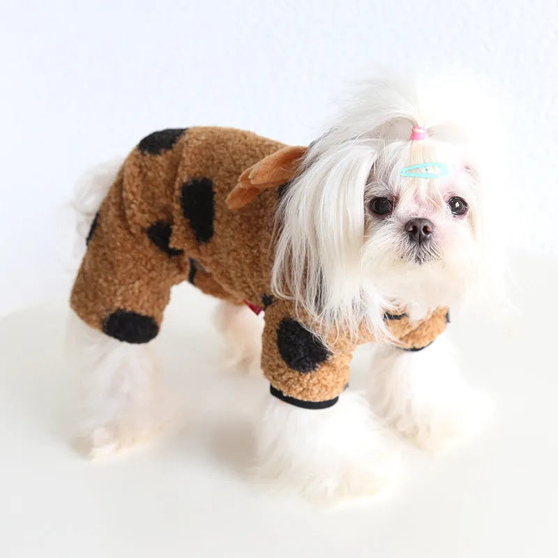 Polka dot pet dog or cat clothing with elk couple design, shown in skirt and four-leg style options.