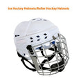 Ice hockey helmet with a carbon steel face mask showing impact-resistant PP shell exterior.