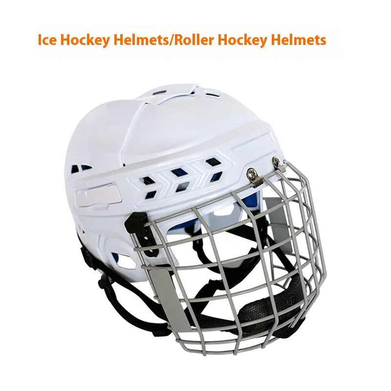 Ice hockey helmet with a carbon steel face mask showing impact-resistant PP shell exterior.