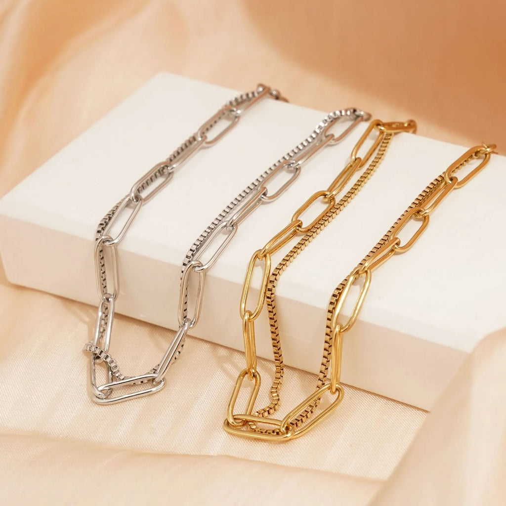Double layer twin titanium steel bracelet in gold or silver colour with geometric line design