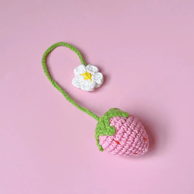 Handmade wool crochet strawberry pendant with 35cm cord in red or pink colour options