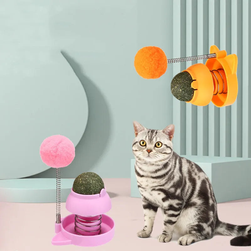 Lucky cat mint ball toy with teasing stick in blue, orange, and pink colour options