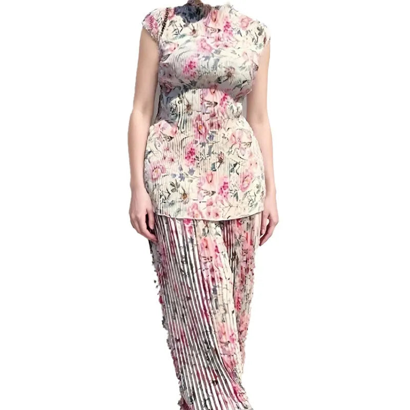 Long sleeve printed high-waist chiffon dress set with matching top and skirt on a model.