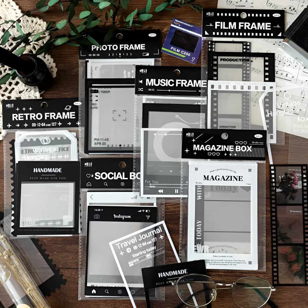 Fifteen sheets of retro film and magazine frame decorative stickers on transparent PET base for journaling