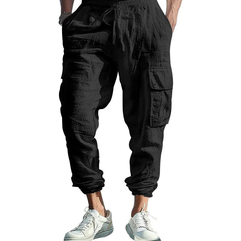 Men's linen casual trousers with ankle ties and drawstring waist in solid colour