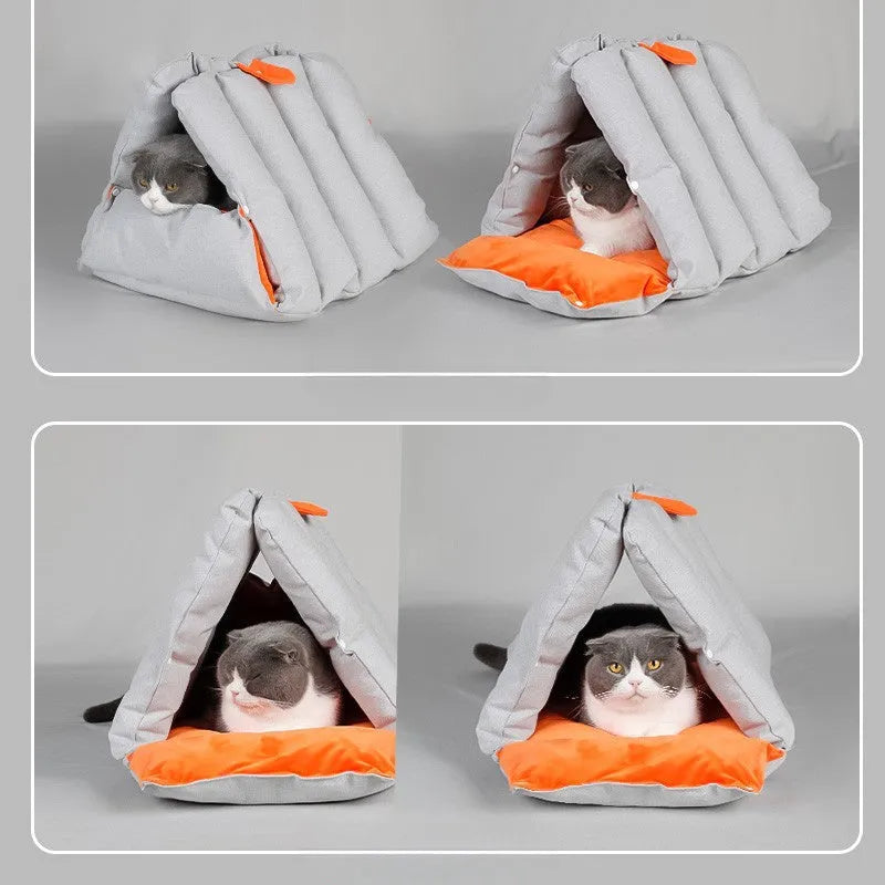 Blue triangular cat sofa bed with drilled holes for combination, removable cotton cover