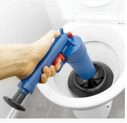 Manual high-pressure plastic drain blaster gun with four rubber suction cup adaptors for unblocking pipes.