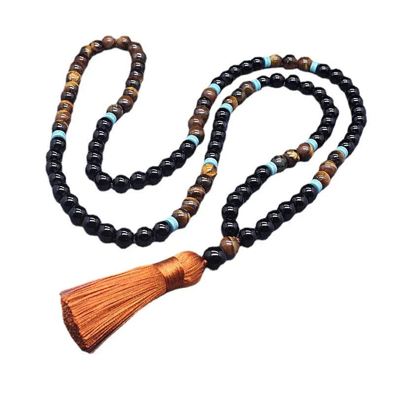 Black agate bracelet and tigereye stone necklace jewellery set with geometric design