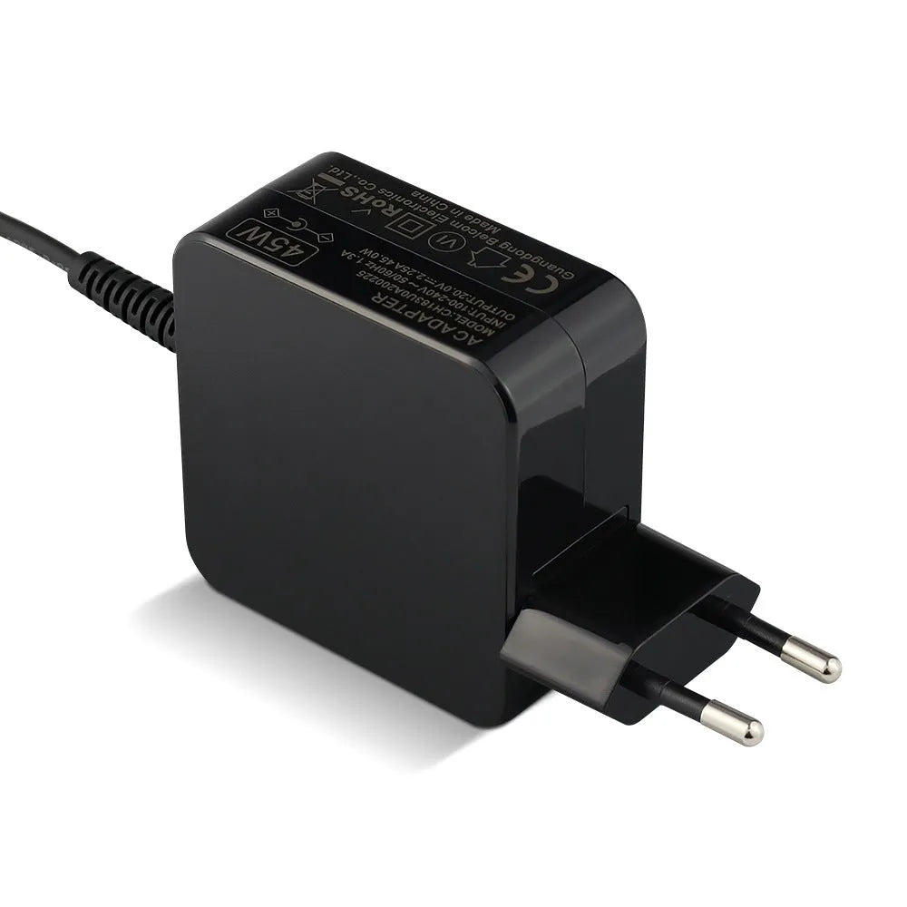 Black 45W laptop adapter with DC connector and US EU plugs, dimensions 99.3x36.5x61.8mm