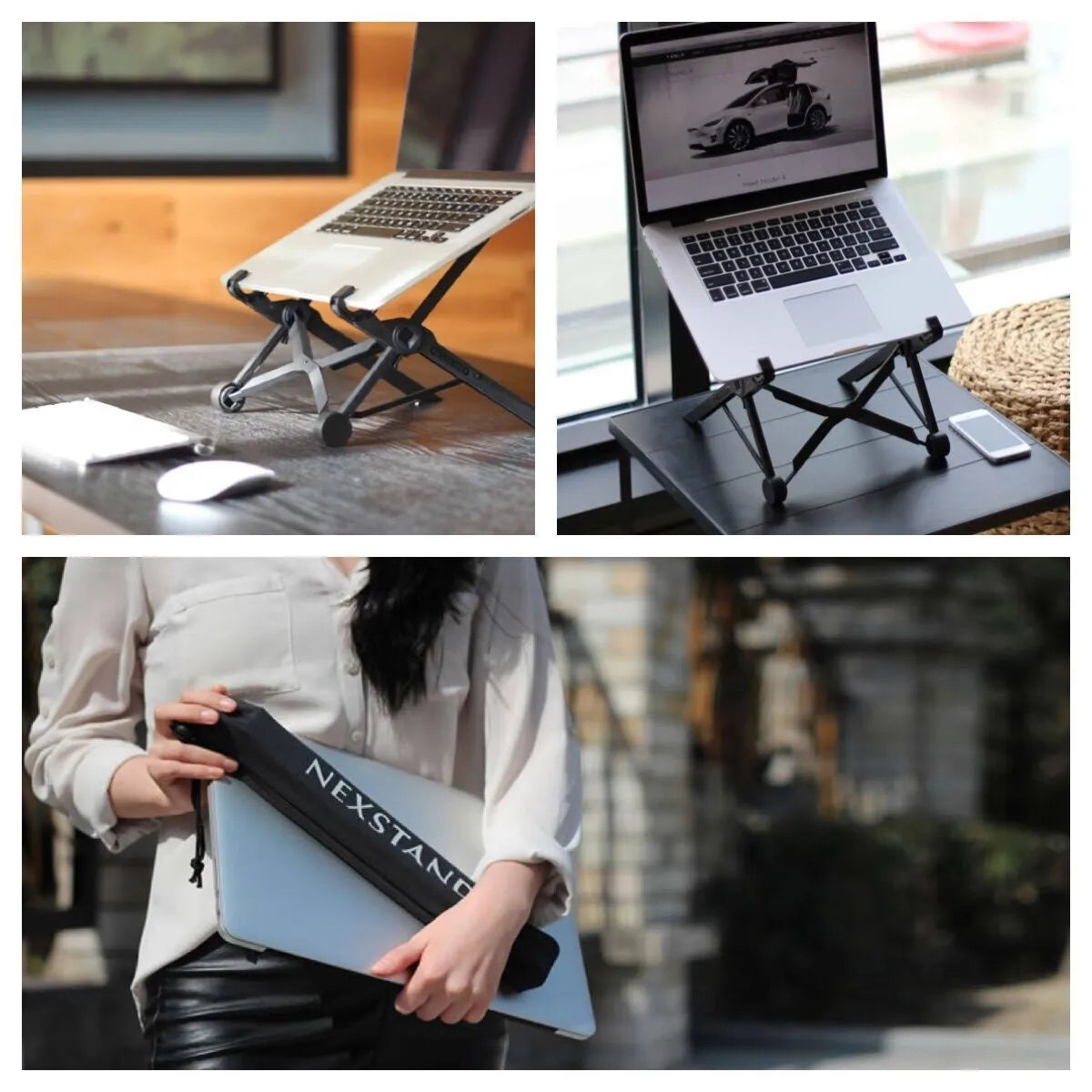 Sagacious black folding laptop stand with carrying case, shown open and closed