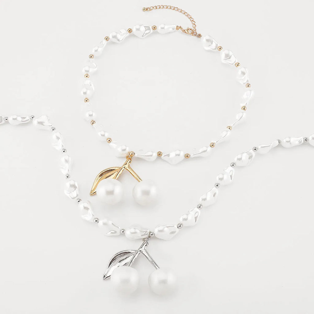 Women's adjustable cherry fruit necklace with pearl chain in gold or white K finish