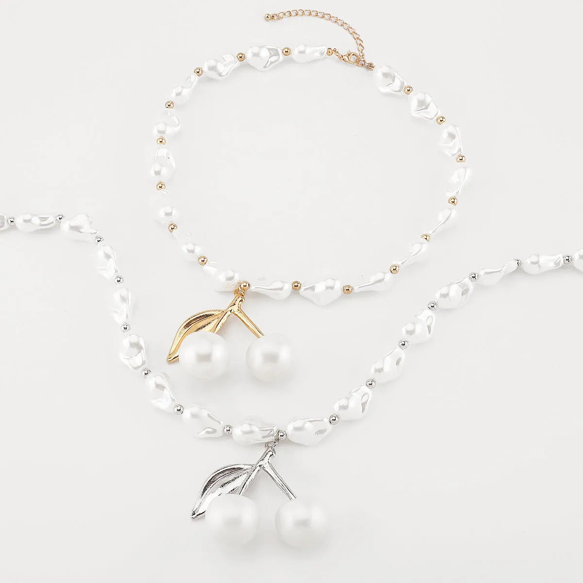 Women's adjustable cherry fruit necklace with pearl chain in gold or white K finish