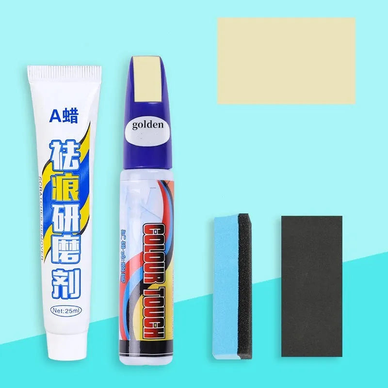 Automotive scratch repair kit with paint pen, wax tube, sponge, and sandpaper for DIY car paint touch-up.