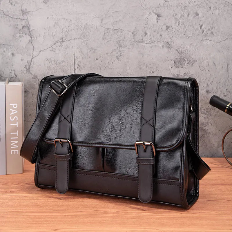 Black Korean-style men's backpack with anti-theft feature and visible stitching detail