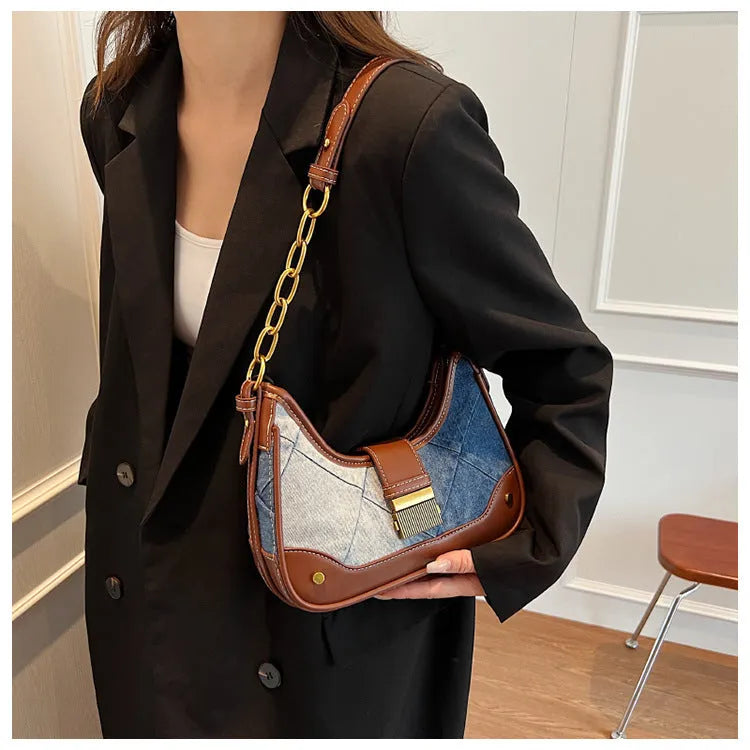 Women's brown denim bucket shoulder bag with diamond chain mesh and double strap
