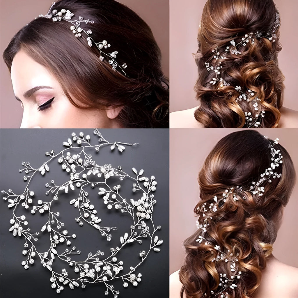Bridal pearl hair band in silver, gold, or rose gold on a white background, showing wired construction.