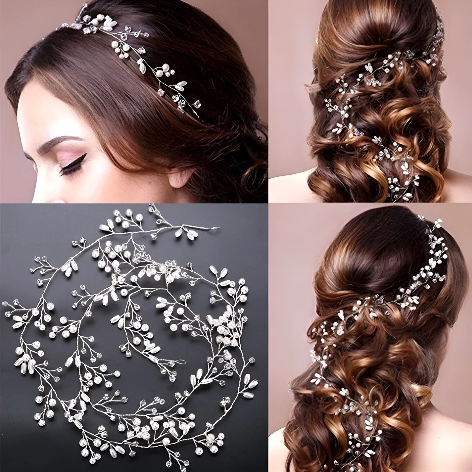 Bridal pearl hair band in silver, gold, or rose gold on a white background, showing wired construction.