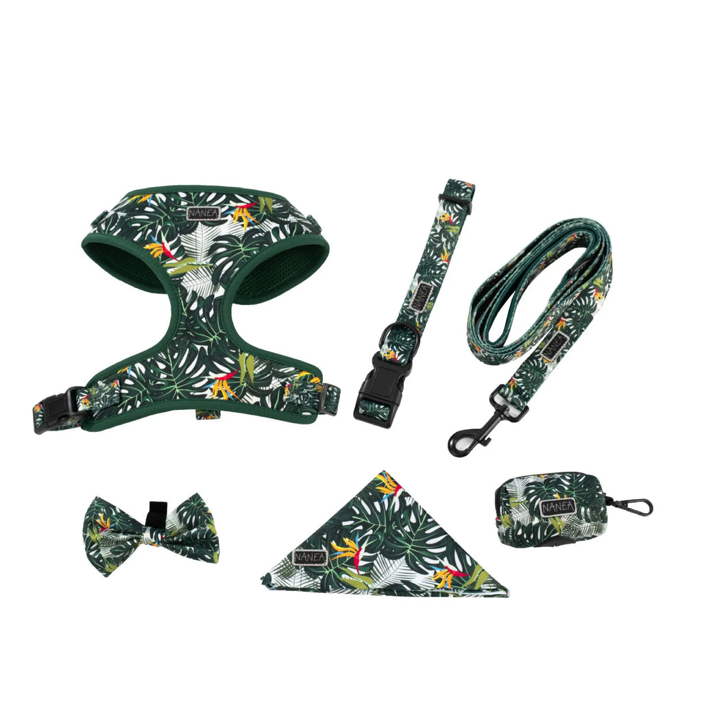Six-piece pet harness set showing chest and back harness, hand-holding rope, collar, toilet bag, bow tie, and triangular scarf on a cloth background