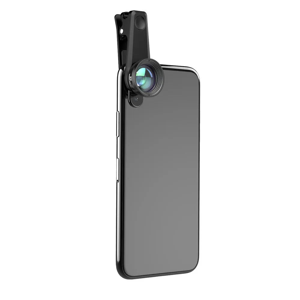 Black 6 in 1 smartphone camera lens kit with fisheye, macro, wide angle, telephoto, CPL and star filter lenses on a universal clip.