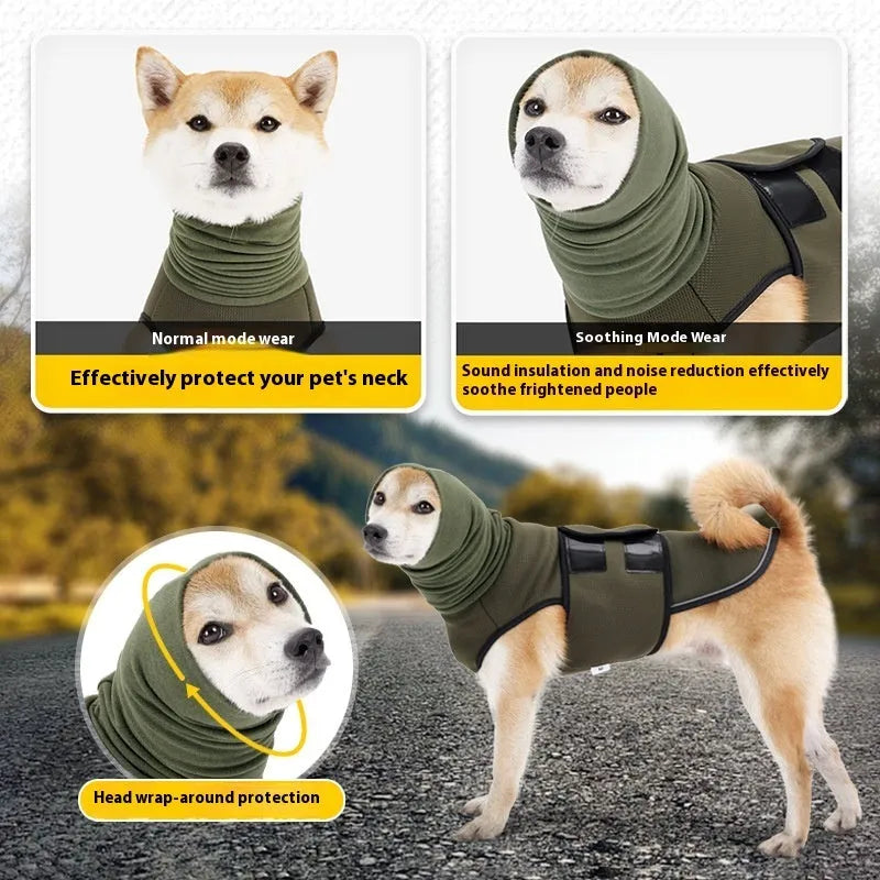 Dog wearing army green anti-anxiety jacket for stress relief during thunderstorms or travel