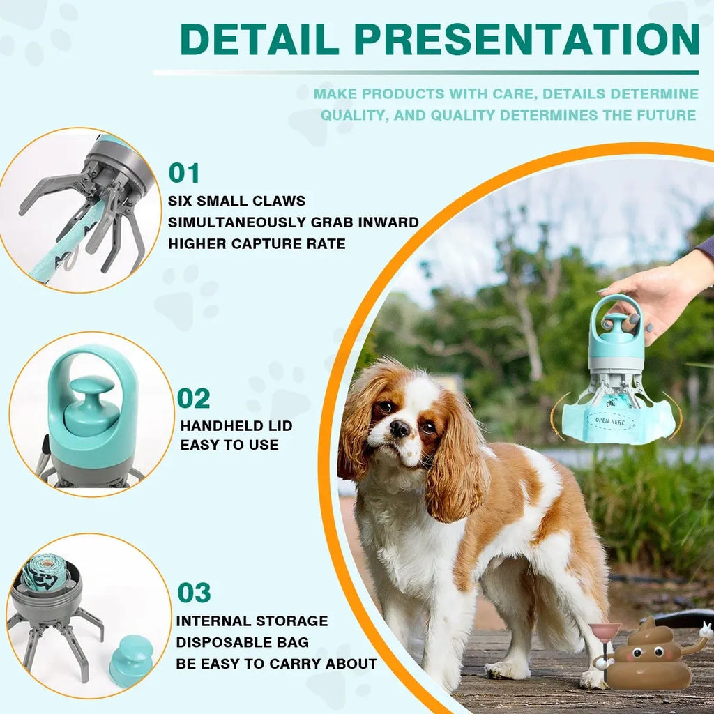 Blue and orange plastic claw-style pet pooper scooper with a roll of waste bags.