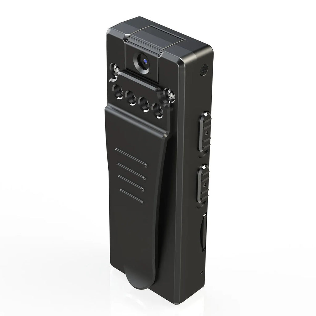 Black 1080p HD DV home camera with rotating body on a stand.