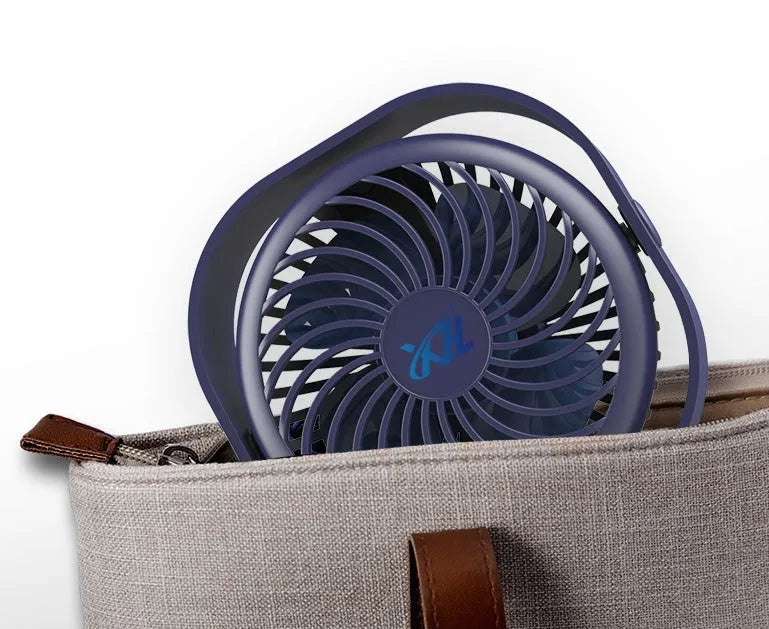 USB desk fan with rotating head in blue, showing rotary switch and compact alarm clock style.