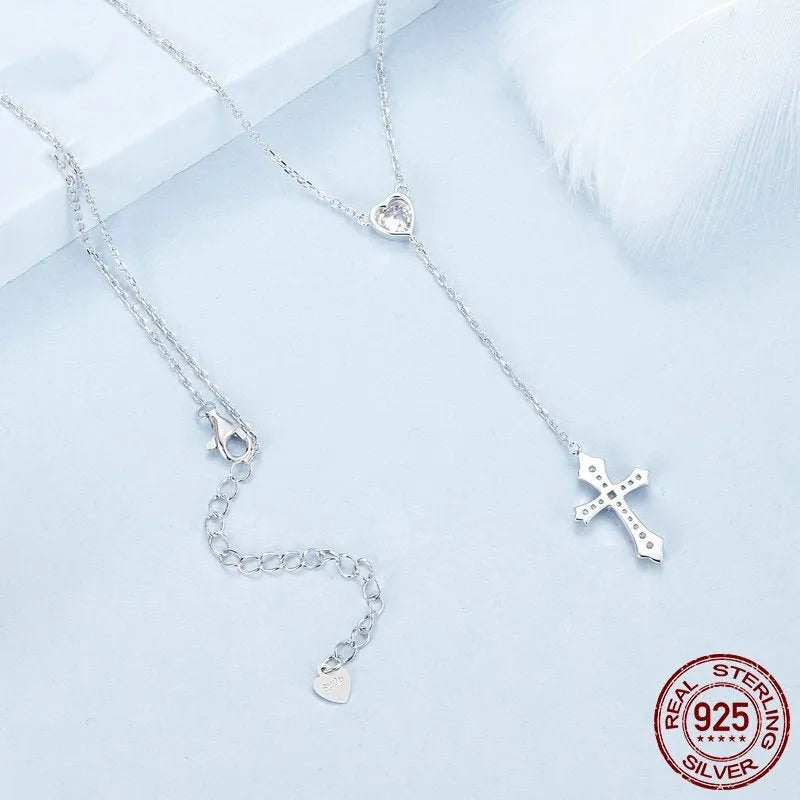 Simple V-neck love cross pendant necklace in 925 silver with O-ring chain, colour BSN384