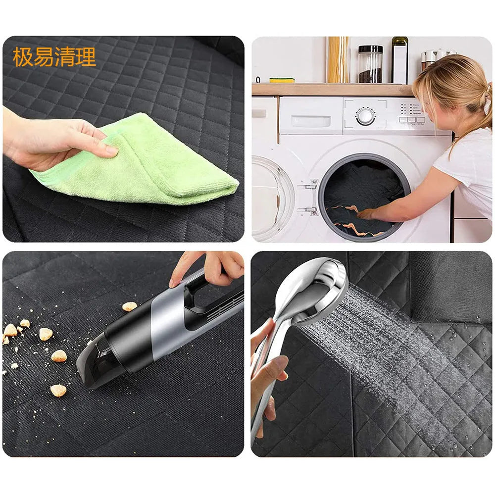 Black waterproof dog car seat cover with orange edging laid out on a car rear seat, showing mesh window and storage pocket.