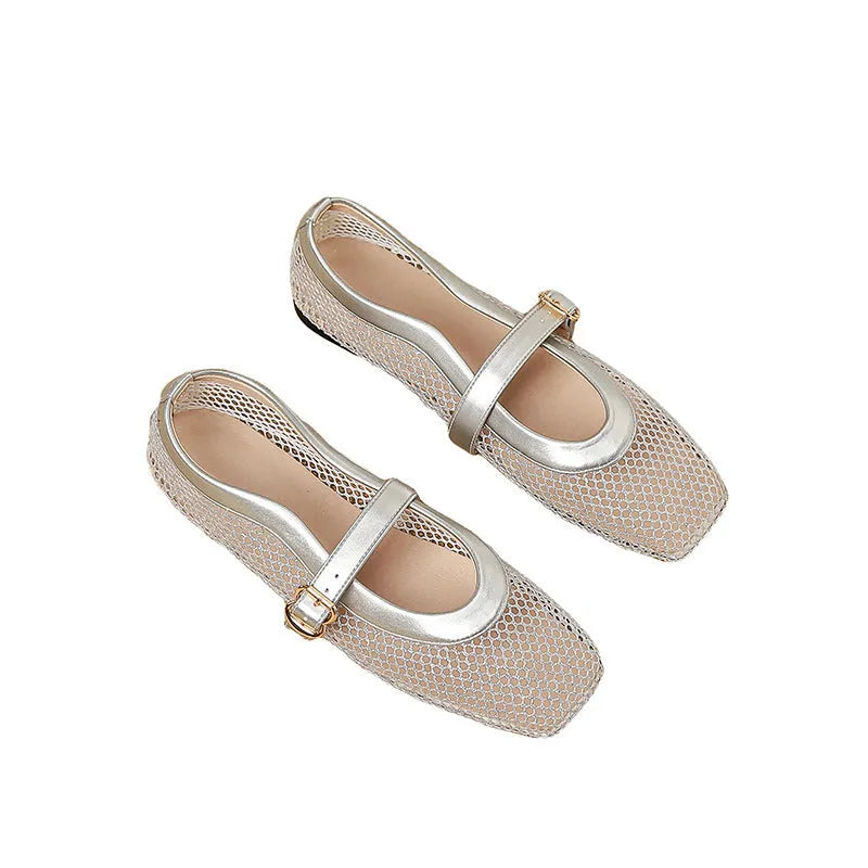 Women's breathable mesh summer shoe in a solid colour with square toe and adjustable buckle.