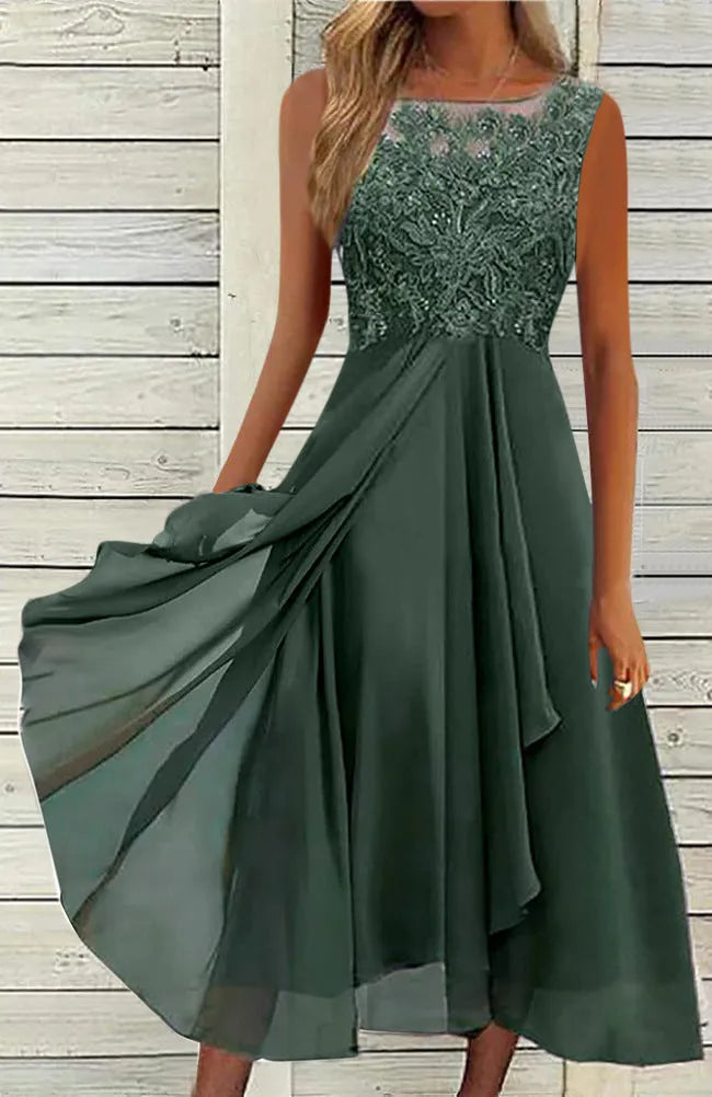 Women's sleeveless chiffon dress with lace hollow-out detail in blue, shown mid-length.