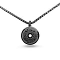 Stainless steel barbell disk necklace with geometric pendant on 60cm chain