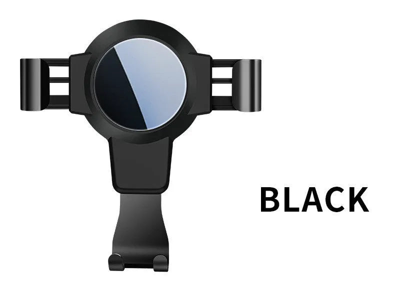 Black S4 gravity mobile phone bracket clipped onto a car air conditioning vent, holding a smartphone.