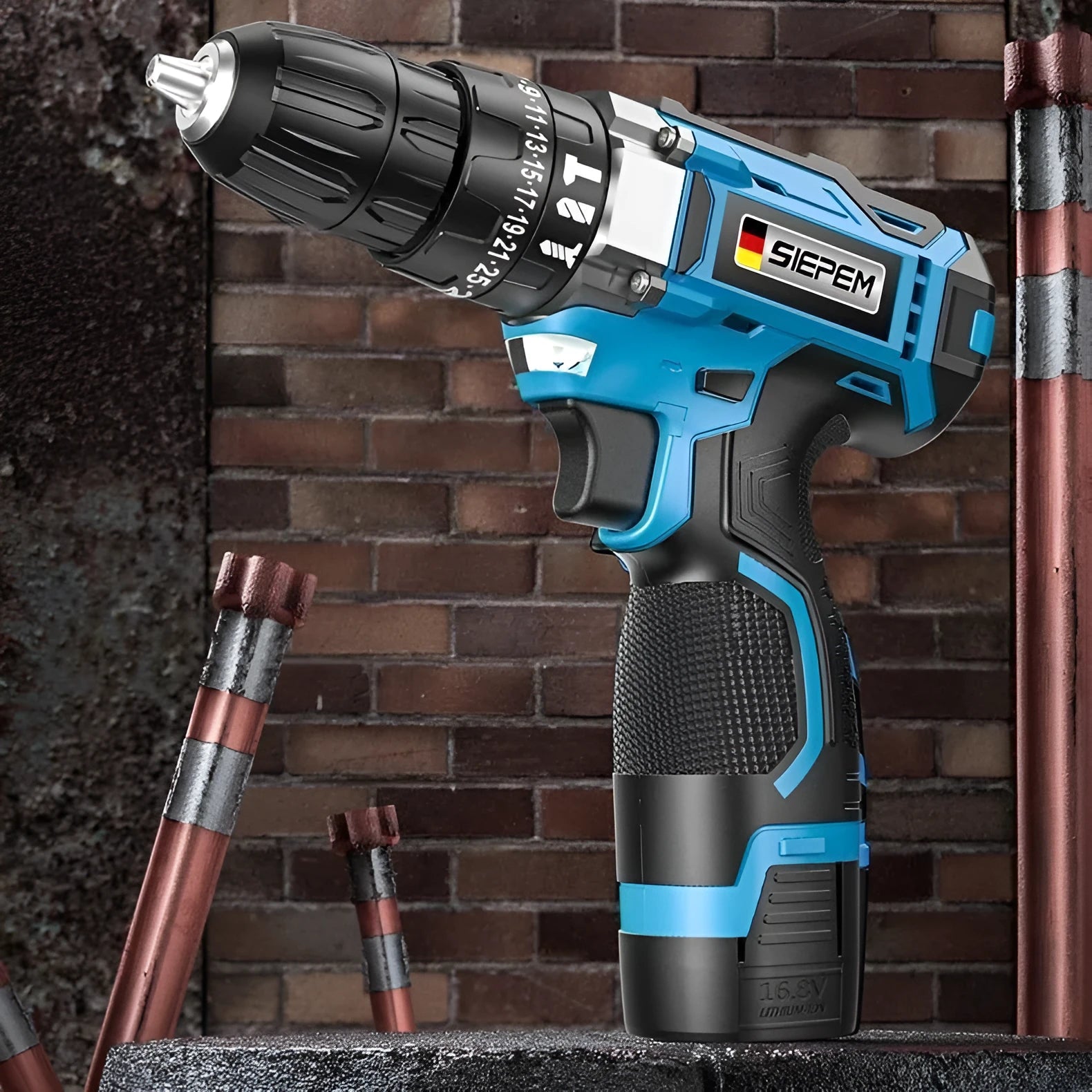 12V cordless impact pistol drill with metal chuck and accessories in plastic storage case