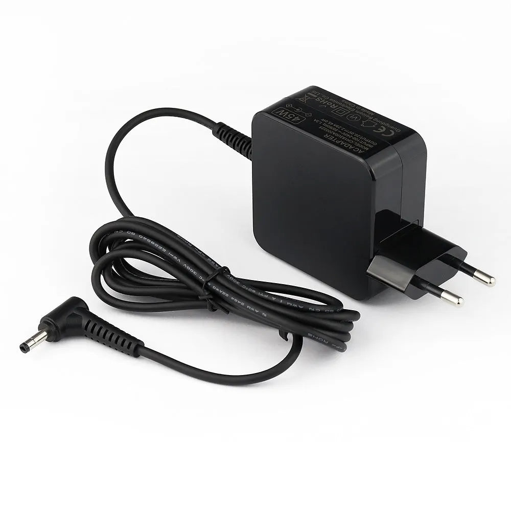Black 45W laptop adapter with DC connector and US EU plugs, dimensions 99.3x36.5x61.8mm