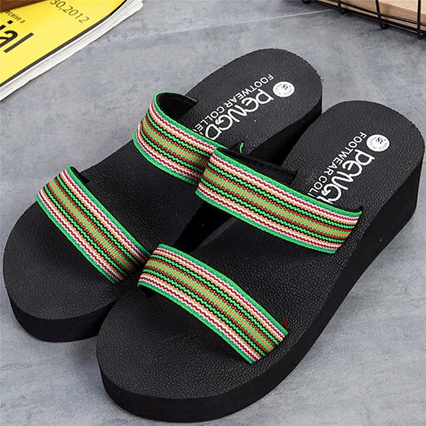 Women's bohemian slippers with elastic EVA upper and rubber sole in brown, green or red colours