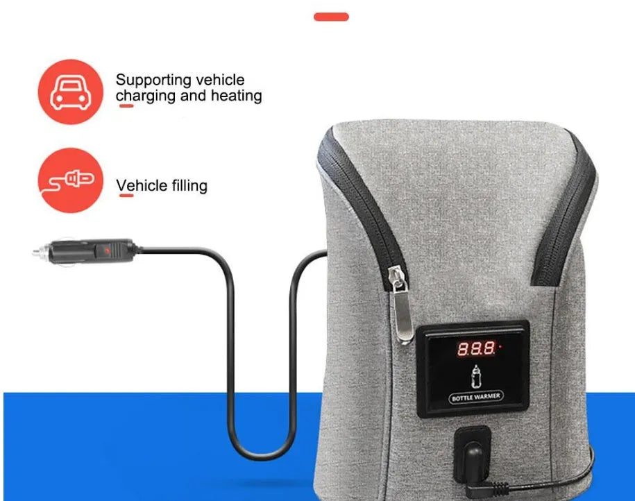 Grey portable car baby bottle warmer with dual slots and digital temperature display screen connected to 12V charger
