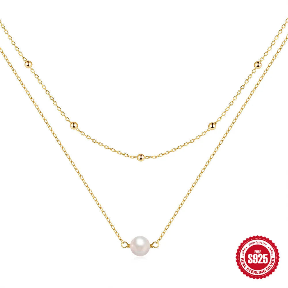 S925 sterling silver double layer necklace with twin pearls and geometric pendant on ball bead chain