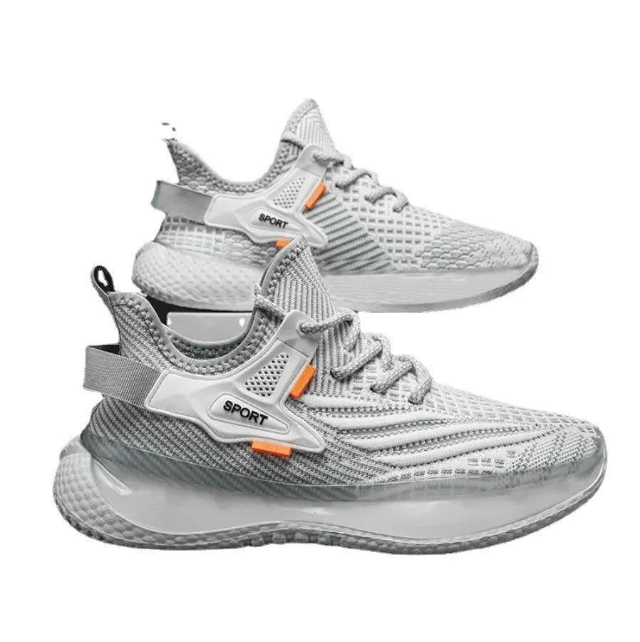 Men's white fly woven mesh platform sneakers with round toe and lace-up closure on a rubber sole.