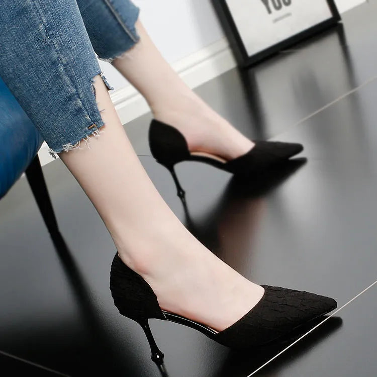 Women's black leather stiletto high heels with pointed toe and 6-8cm heel
