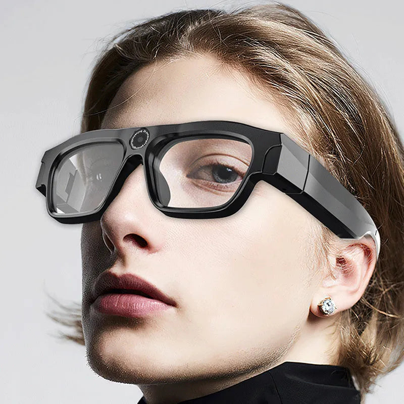 Black head-mounted smart Bluetooth glasses with transparent lens and integrated camera for video recording