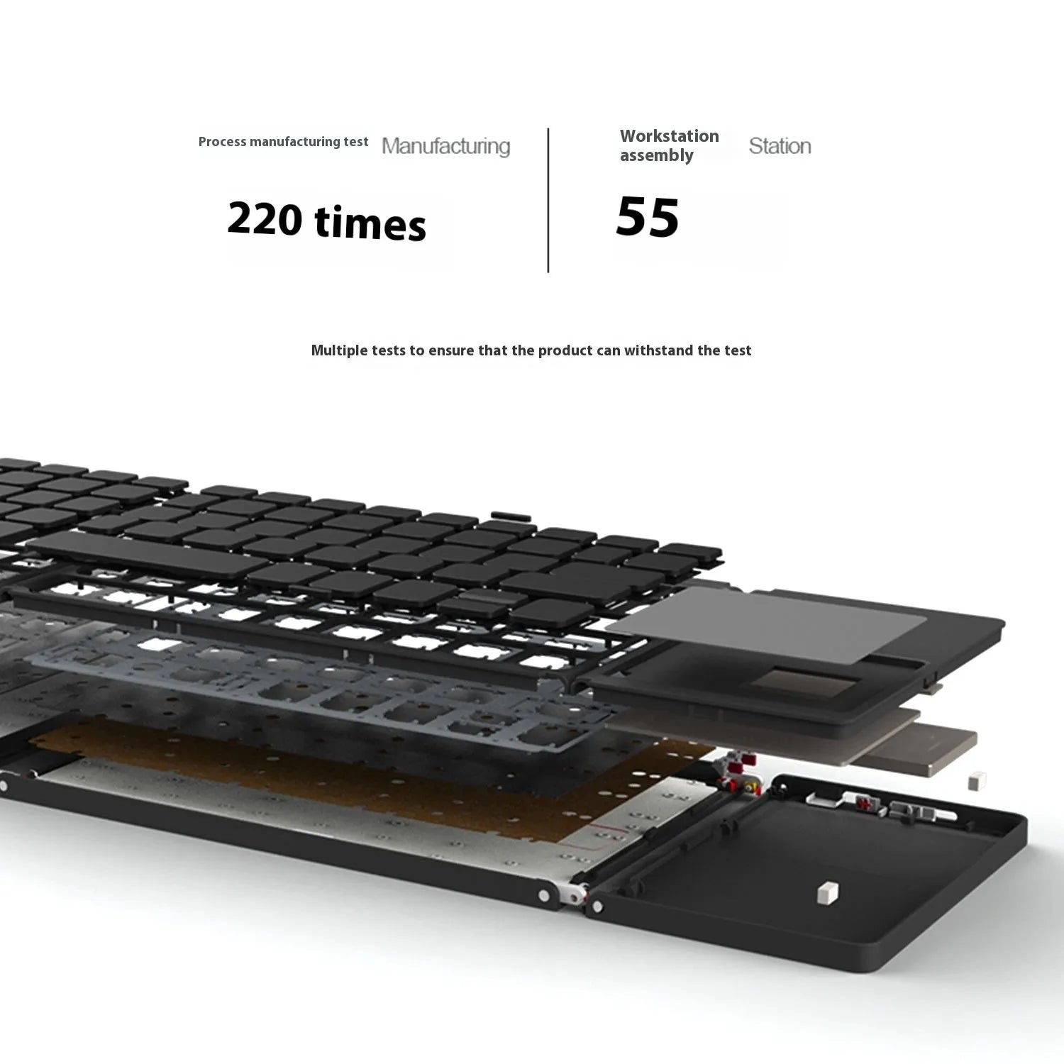 Black mini tri-fold Bluetooth keyboard unfolded next to a tablet, showing its compact size.