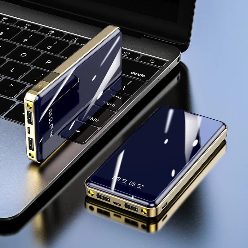 Mirror digital display power bank with square aluminium shell showing battery percentage
