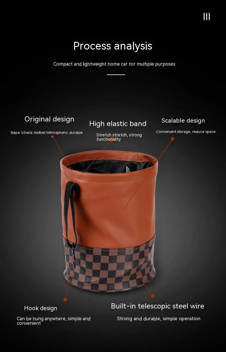 Leather retractable car trash can with handle in folded position