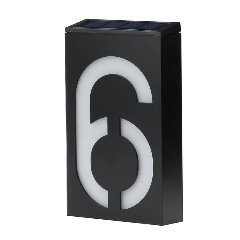 Solar powered house number lamp with LED lights showing clear digital display for outdoor address visibility