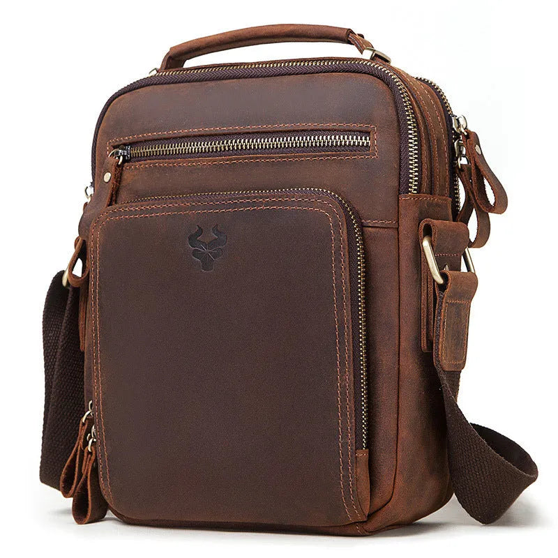 Men's brown genuine leather crossbody bag with single shoulder strap and visible stitching