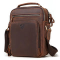 Men's brown genuine leather crossbody bag with single shoulder strap and visible stitching