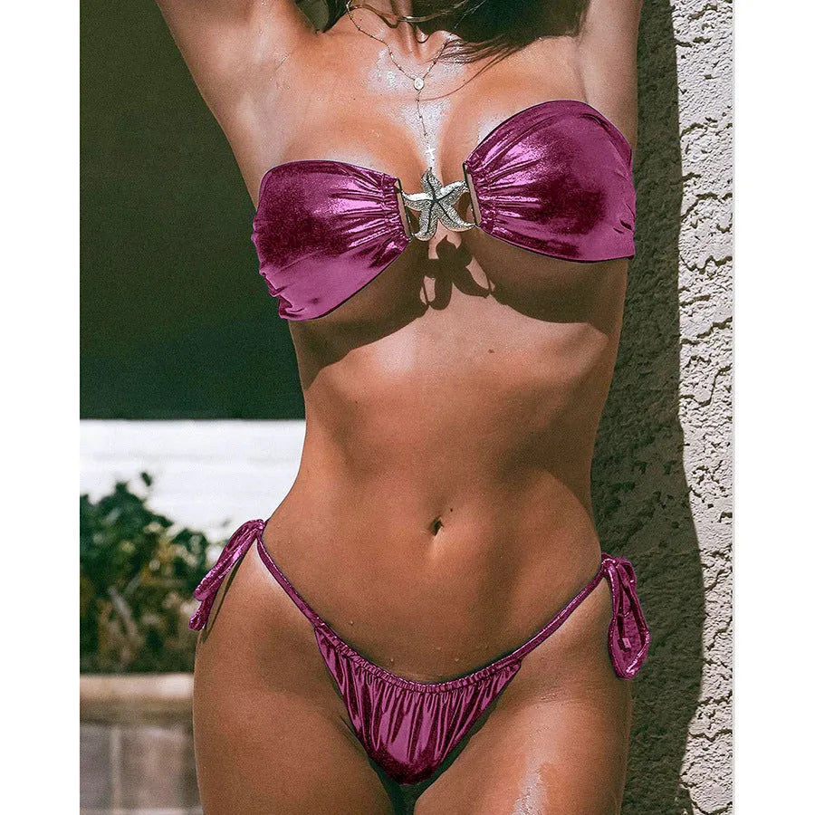 Women's glossy sapphire blue bikini with gold starfish detail on split tube top
